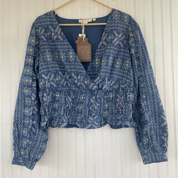 Anthropologie Forever That Girl Blue Floral Embroidered Smocked Top Medium NWT - Picture 2 of 8